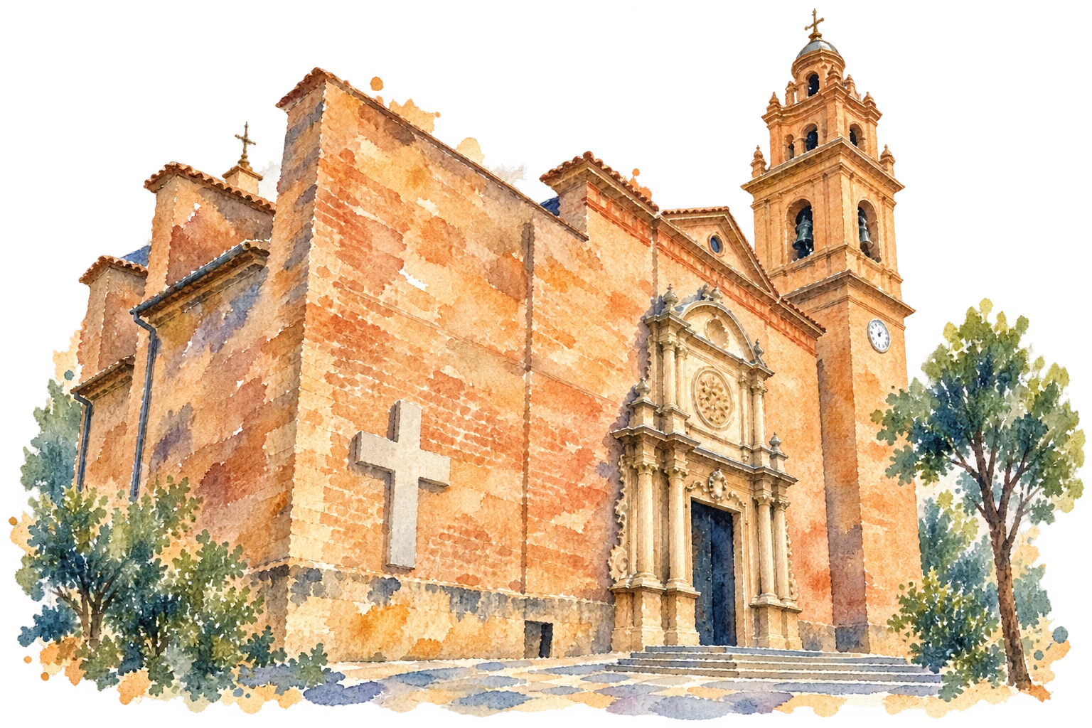 Acuarela de la iglesia de Sant Joan Apòstol i Evangelista de Massamagrell, con el muro lateral y la cruz