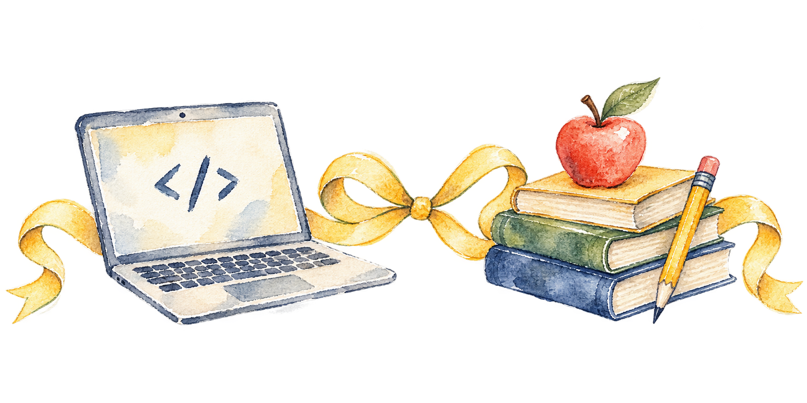 Acuarela de un portátil de programación junto a libros, lápiz y manzana de maestra