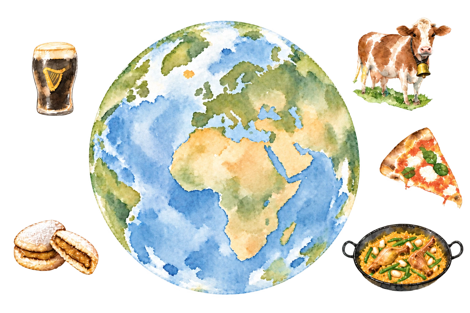Globo terráqueo con pequeños motivos de Irlanda, Suiza, Italia, España y Chile: cerveza negra, vaca, pizza, paella valenciana de pollo y conejo, y alfajor