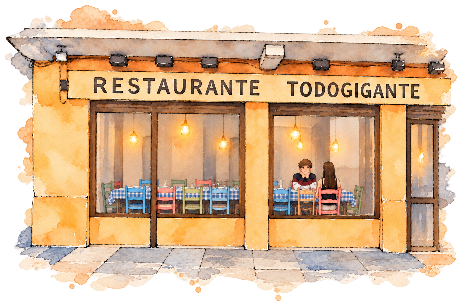 Acuarela del Restaurante Todogigante, con una pareja sentada junto a la ventana